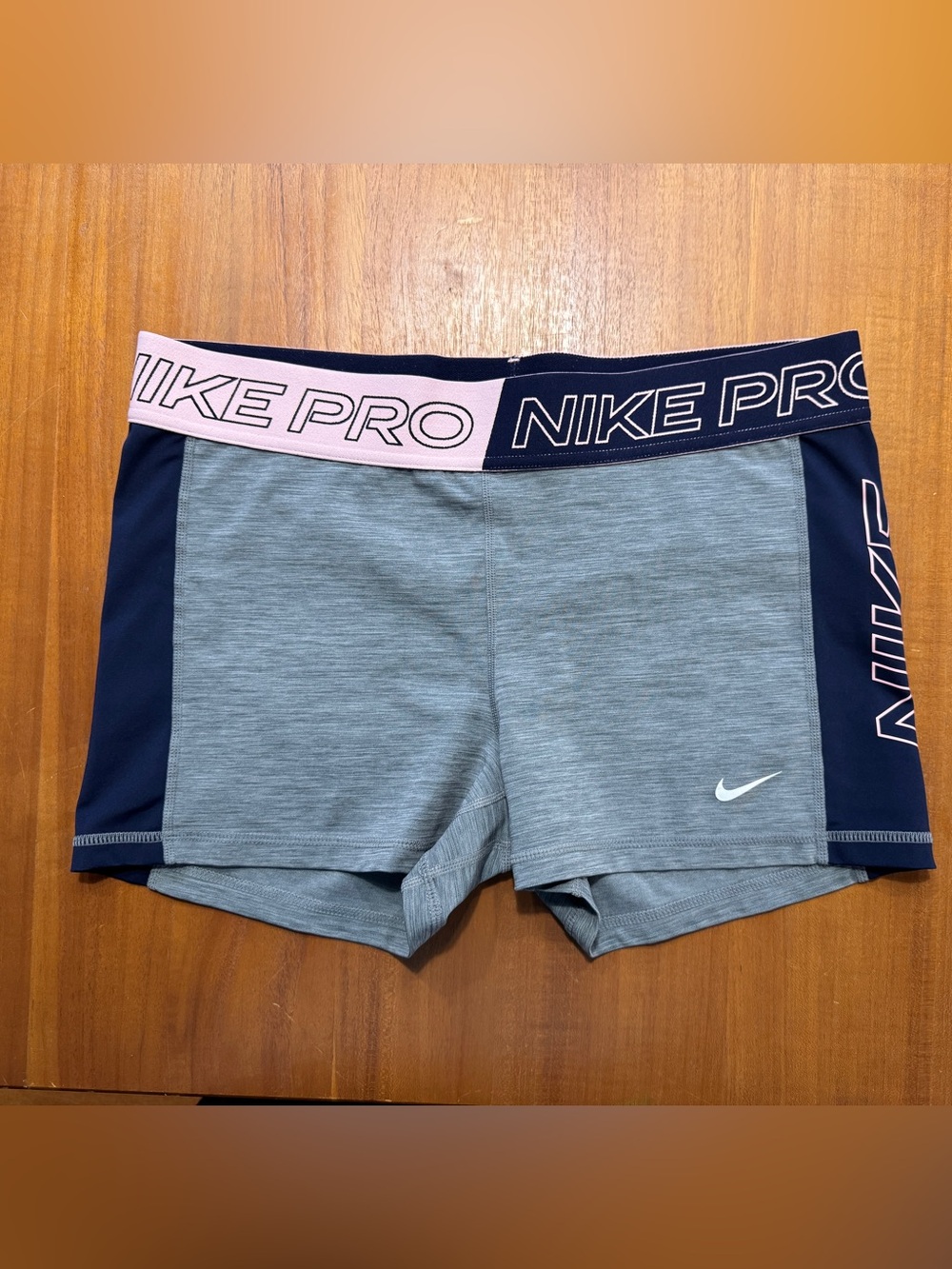 Nike Pro 3” Shorts Gray with Navy Panels and Pink Logo Waistband